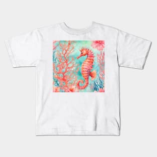 Seahorse and red corals watercolor painting Kids T-Shirt